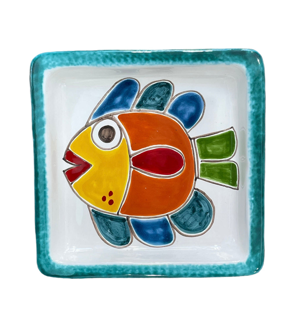Square Plate with Green Fish Border